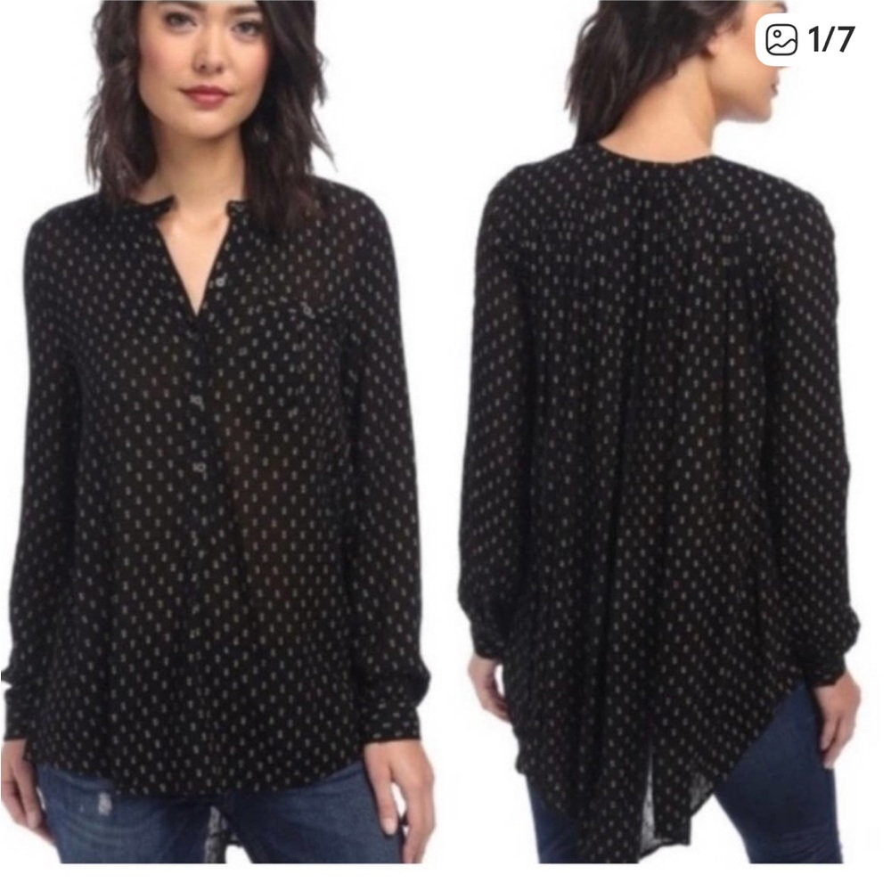 Free People Black Patterned High Low Blouse